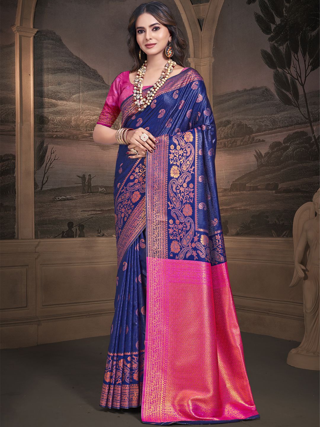 

SANGAM PRINTS Ethnic Motifs Woven Design Zari Tussar Saree, Navy blue