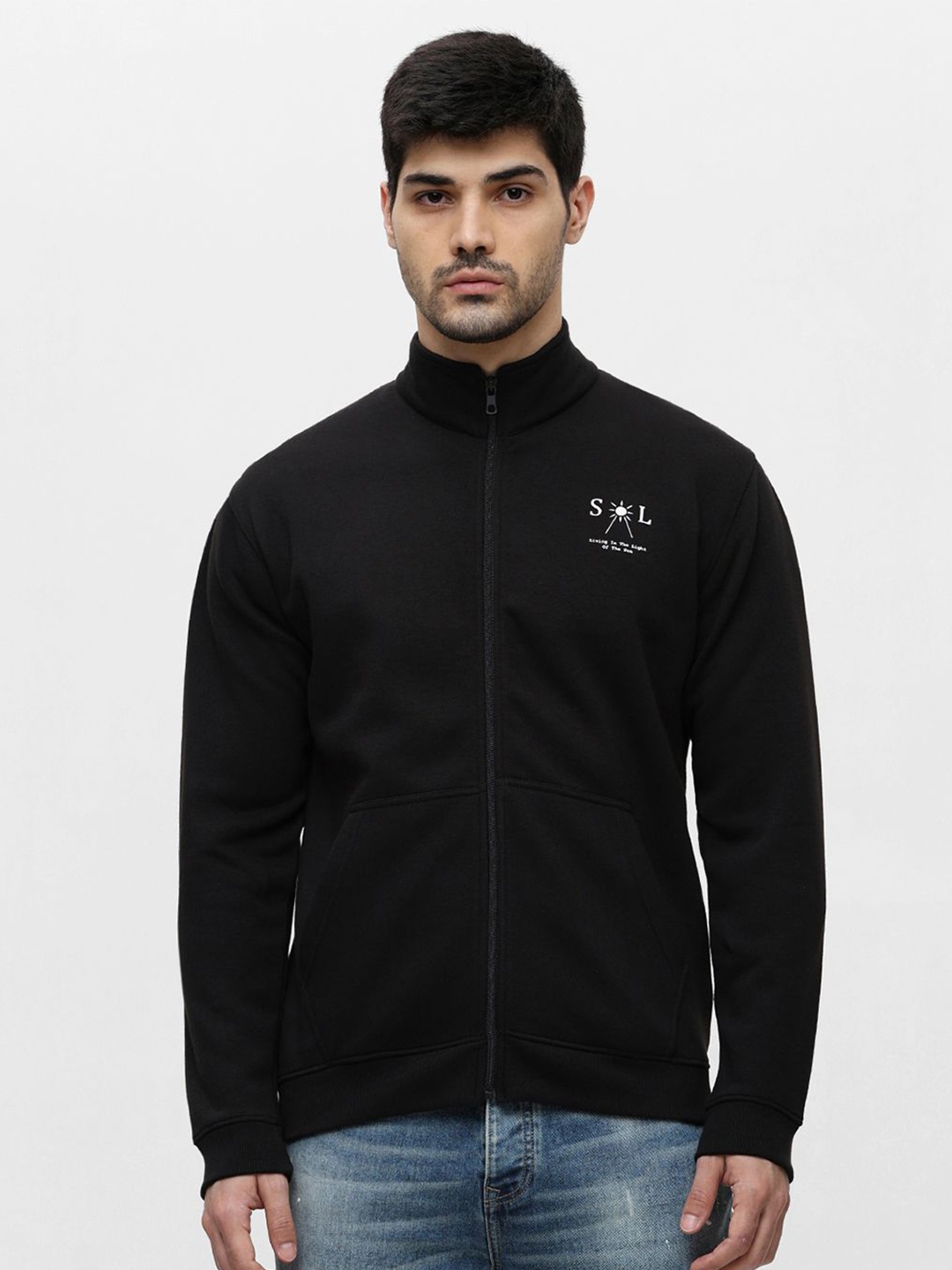 

Klub Fox Men Solid High Neck Front-Open Fleece Sweatshirt, Black