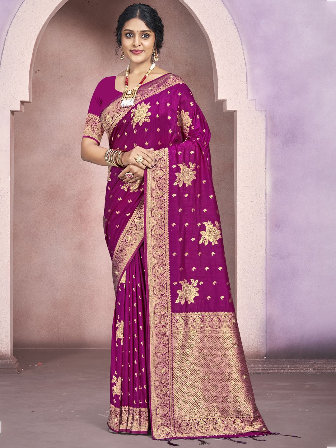 

SANGAM PRINTS Woven Design Zari Silk Blend Tussar Saree, Purple