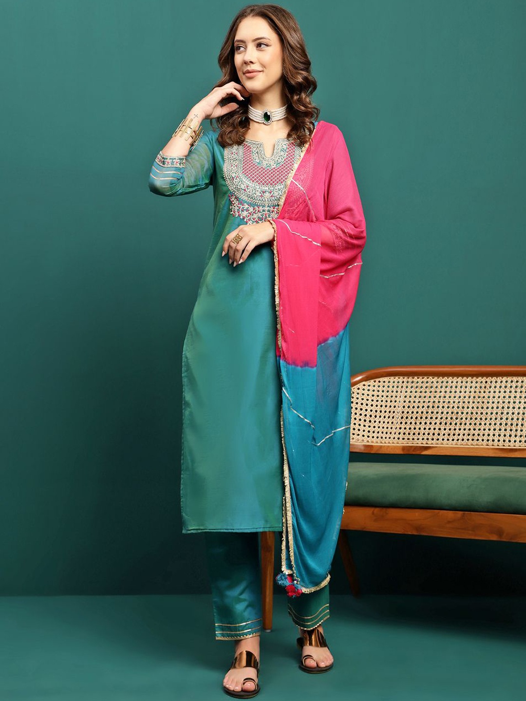 

BANDIA Women Embroidered Regular Kurta with Trousers & Dupatta, Turquoise blue