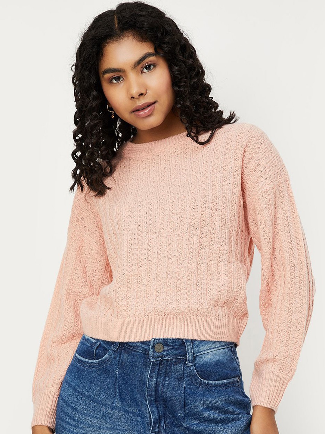 

max Women Cable Knit Self Design Pullover, Orange