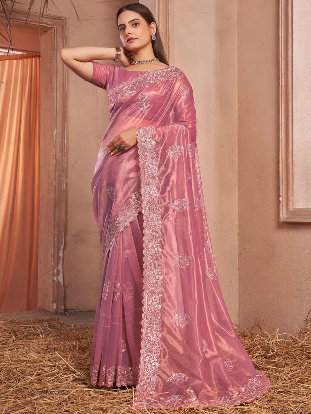 

Mitera Embellished Embroidered Net Saree, Pink