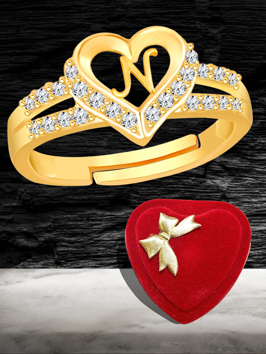

Heer Collection Gold Plated American Diamond Studded Alphabet N Adjustable Finger Ring
