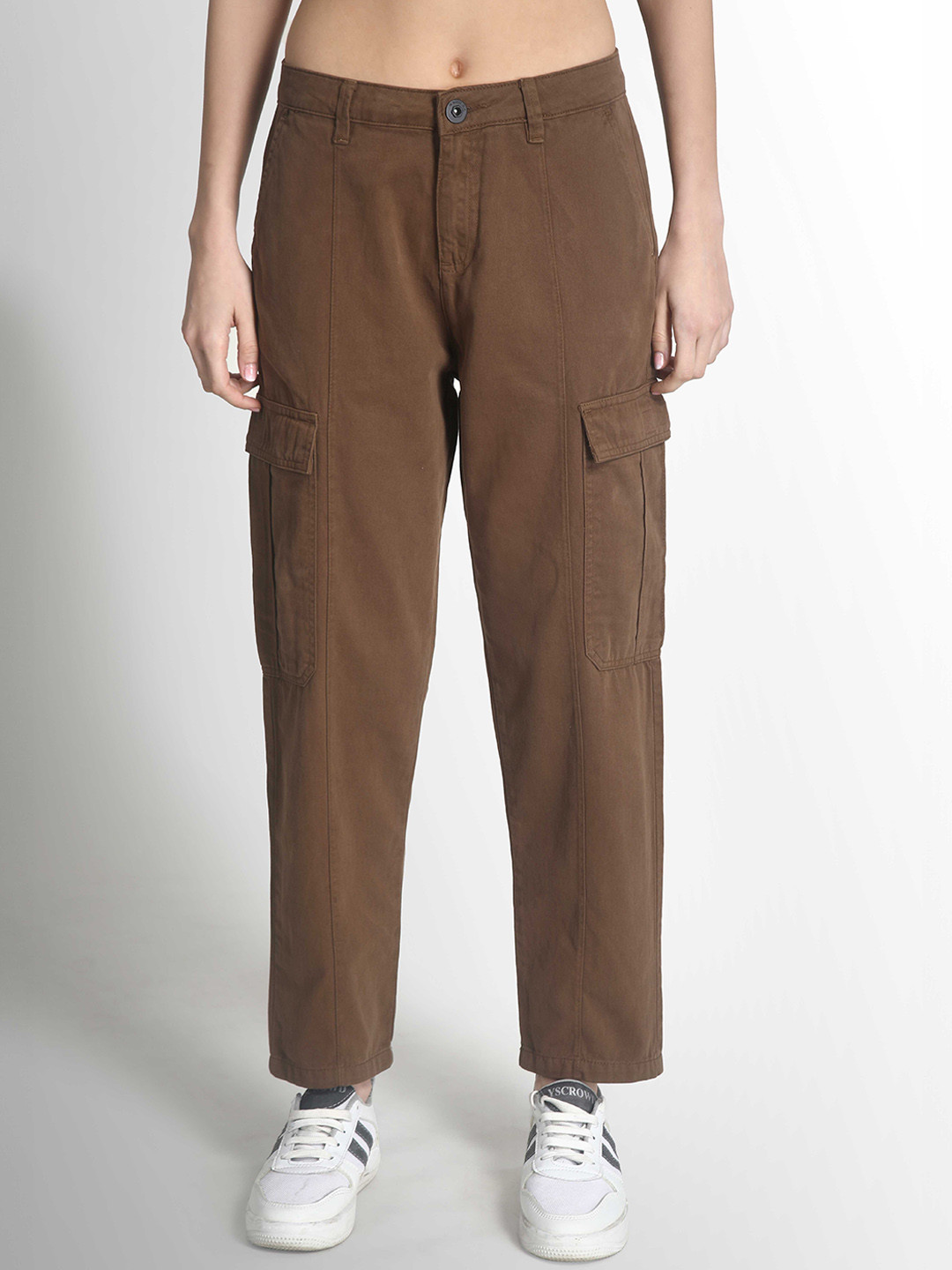 

The Roadster Lifestyle Co Women Pure Cotton Straight Fit Cargo Trousers, Brown