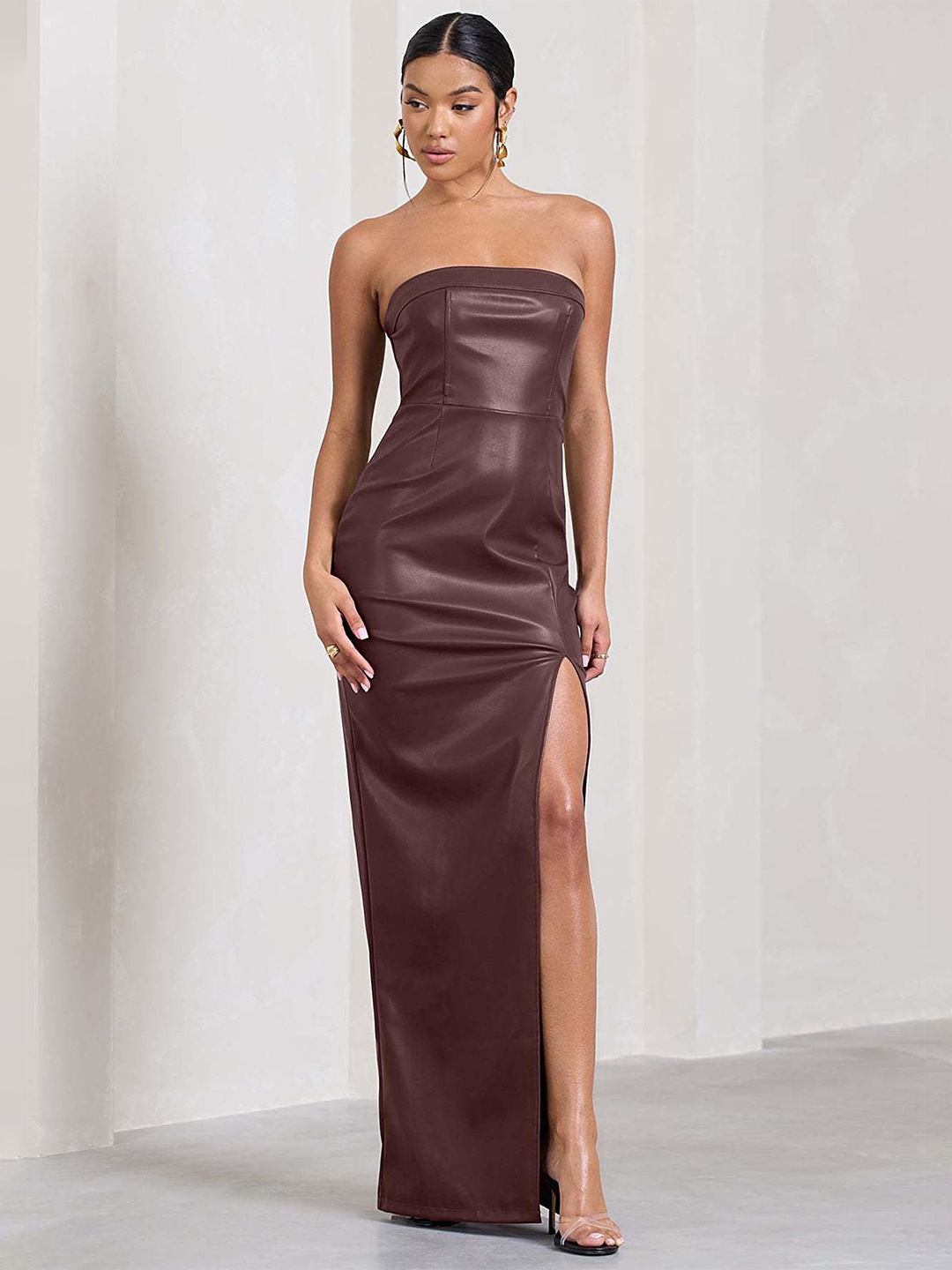 

LULU & SKY Women Solid Off-Shoulder Maxi Dress, Brown