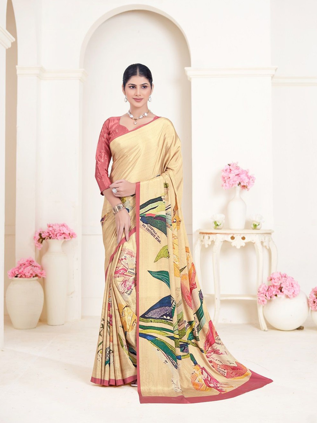 

JIVORA Printed Pure Silk Saree, Cream