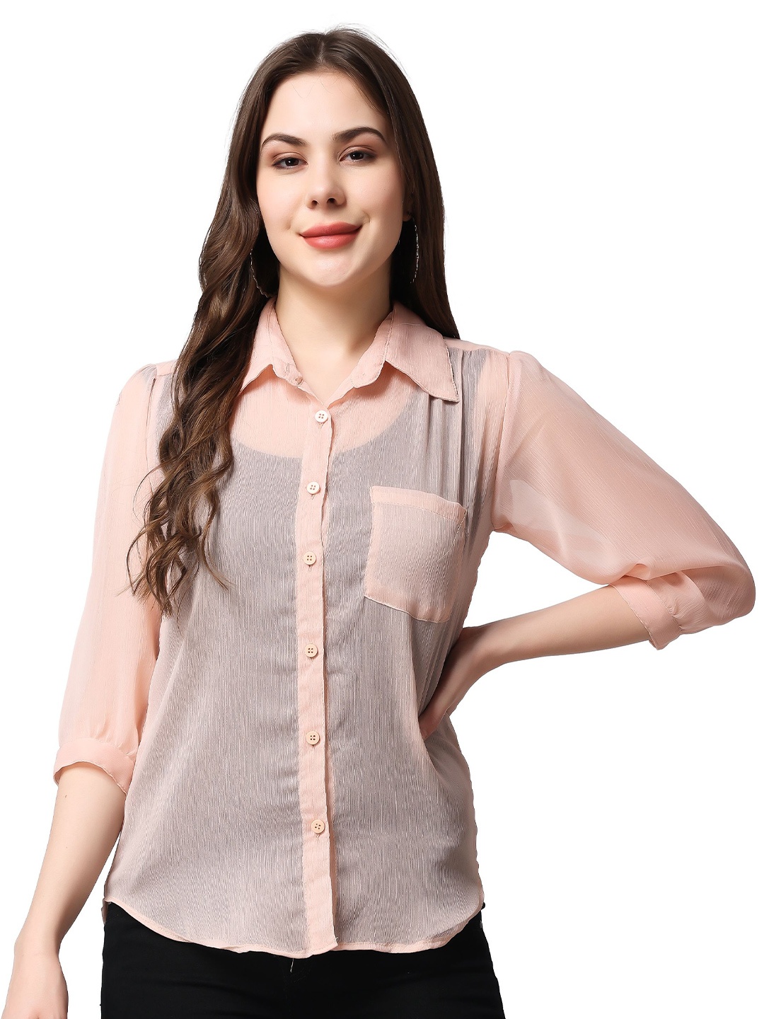 

SCORPIUS Women Classic Spread Collar Solid Chiffon Slim Fit Casual Shirt, Peach