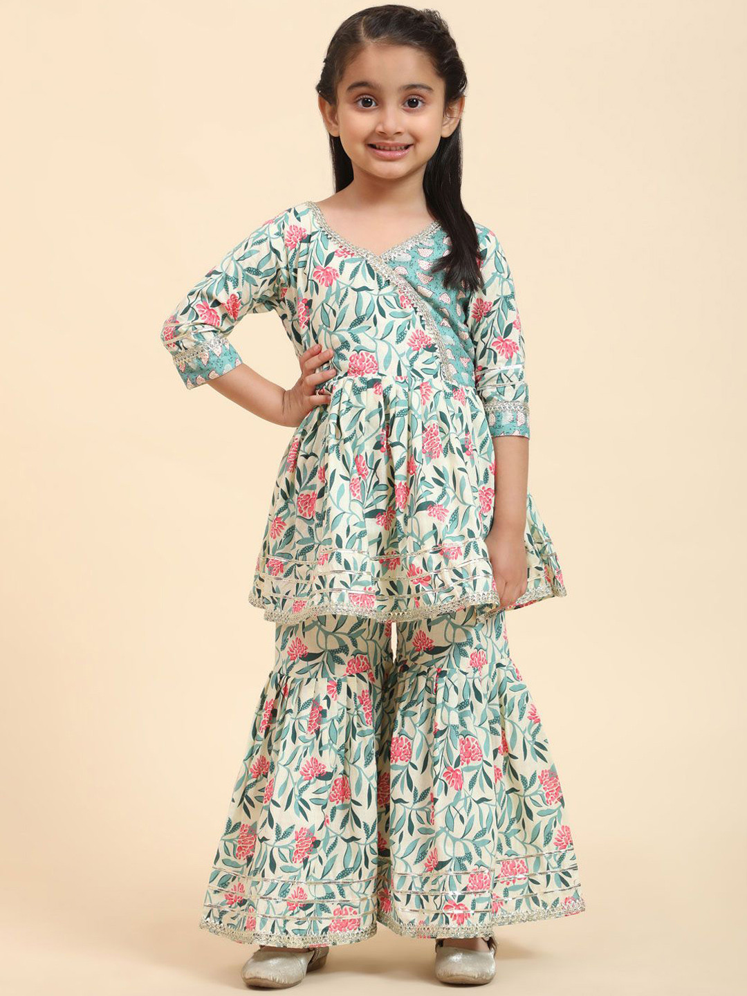 

SHIJILA Girls Floral Printed Regular Kurta with Sharara, White