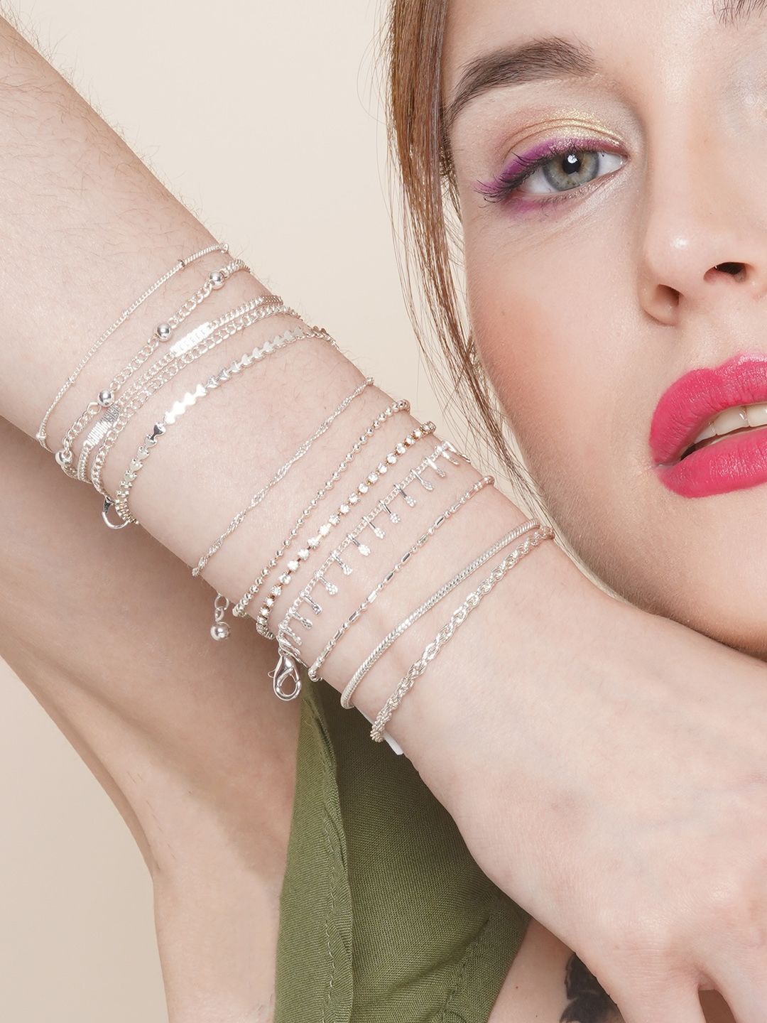 

KPOP Set Of 12 Silver-Plated Rhinestone Studded Bracelets