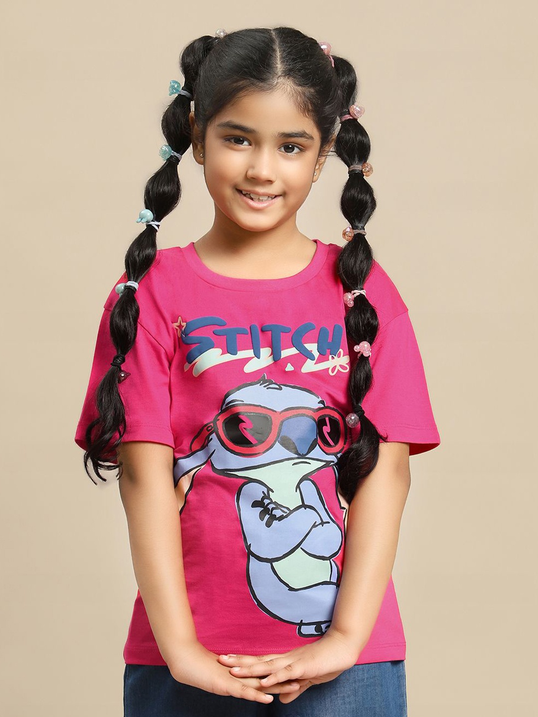

Kids Ville Girls Lilo & Stitch Graphic Printed Pure Cotton Tshirt, Pink