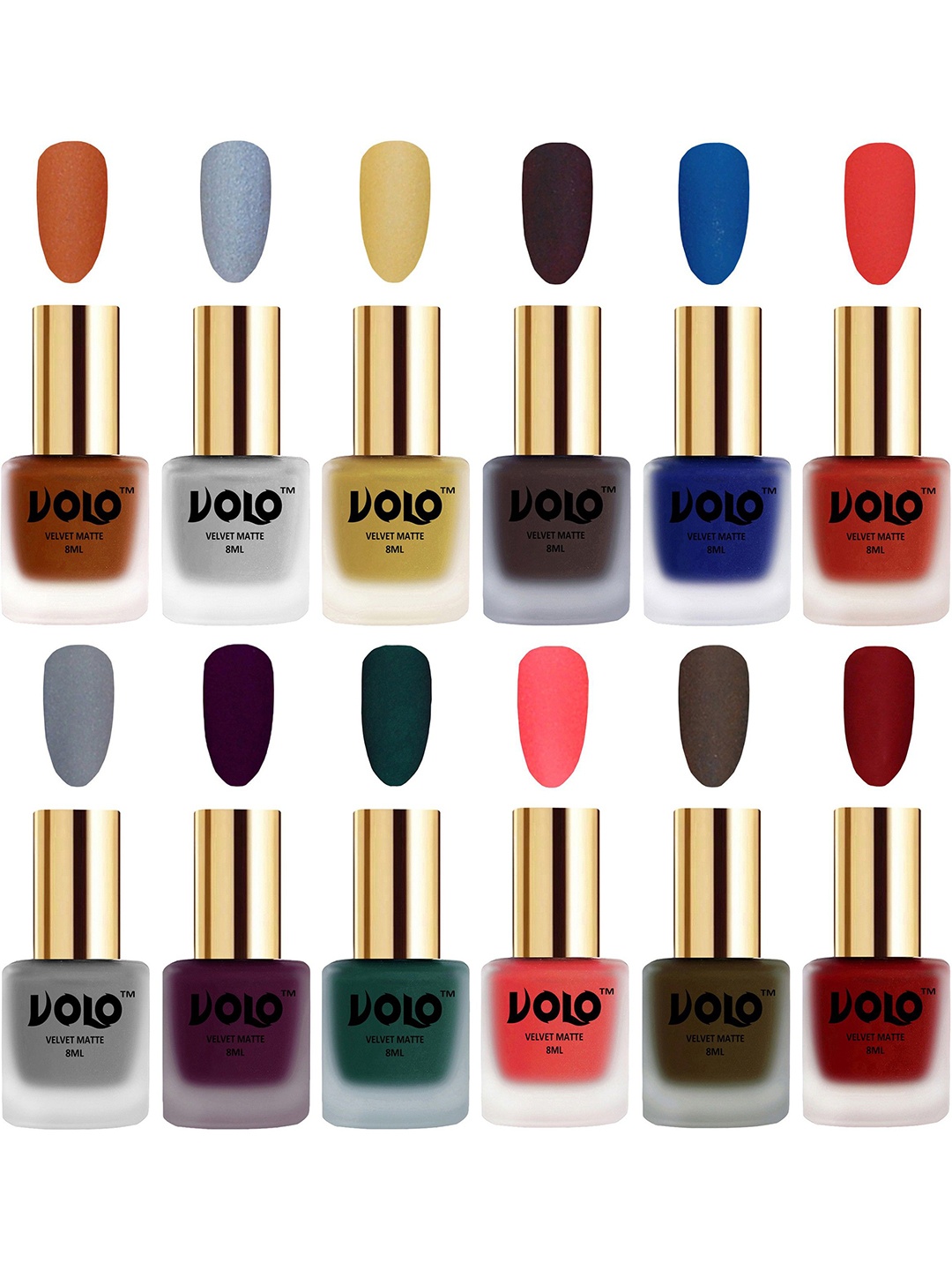 

VOLO Set Of 12 Velvet Matte Nail Polish - 8 ml Each -Coral-Wine-Red-Neon-Green-Olive-Blue