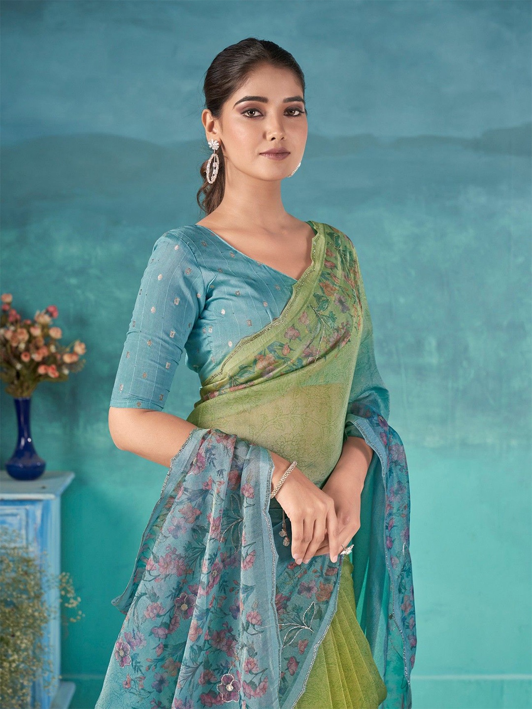 

all about you Floral Zari Organza Saree, Teal