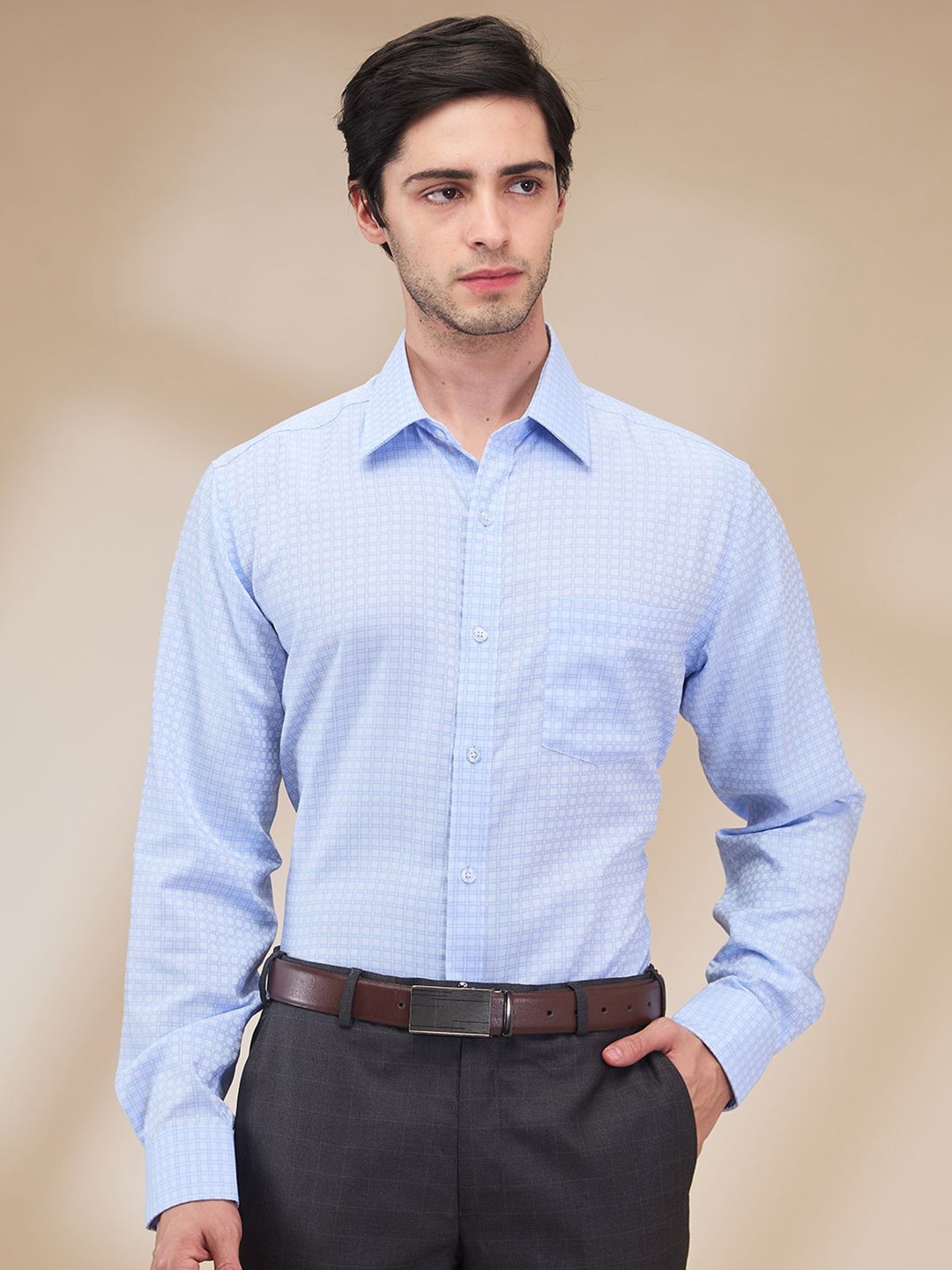 

Park Avenue Men Spread Collar Grid Tattersall Checked Cotton Formal Shirt, Blue