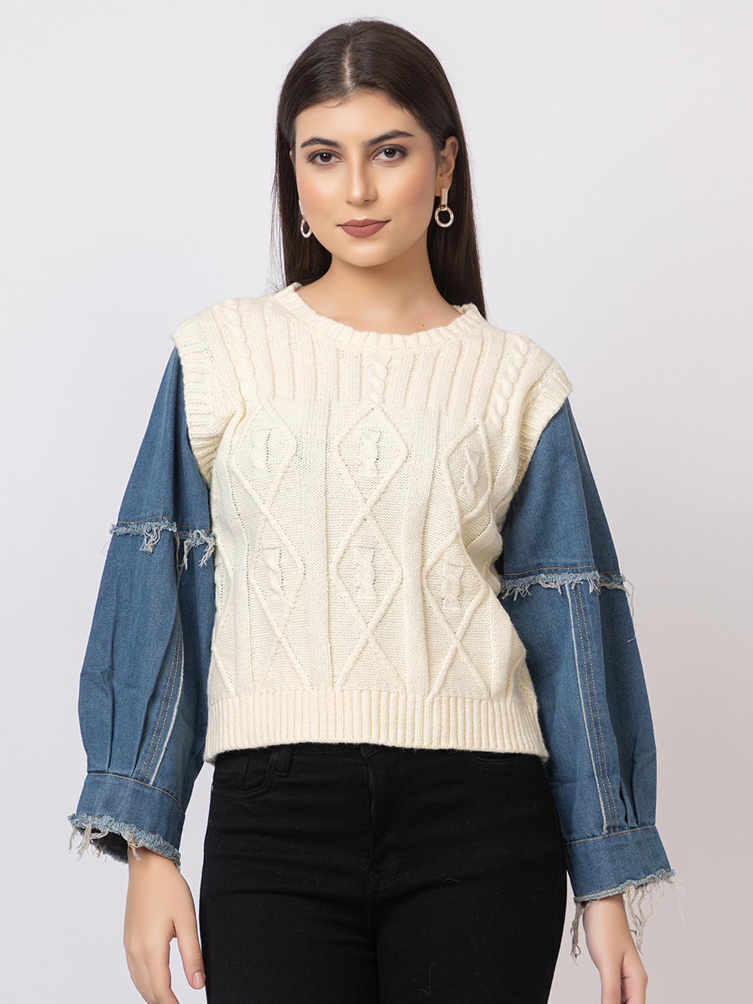 

GFO Women Fancy Denim sleeves Woollen Sweater, White