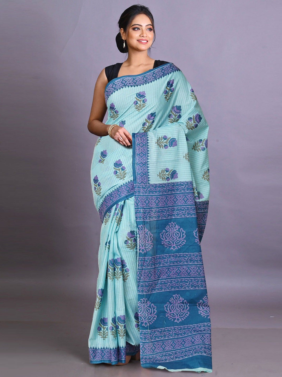 

Unnati Silks Floral Pure Cotton Handloom Block Print Saree, Blue
