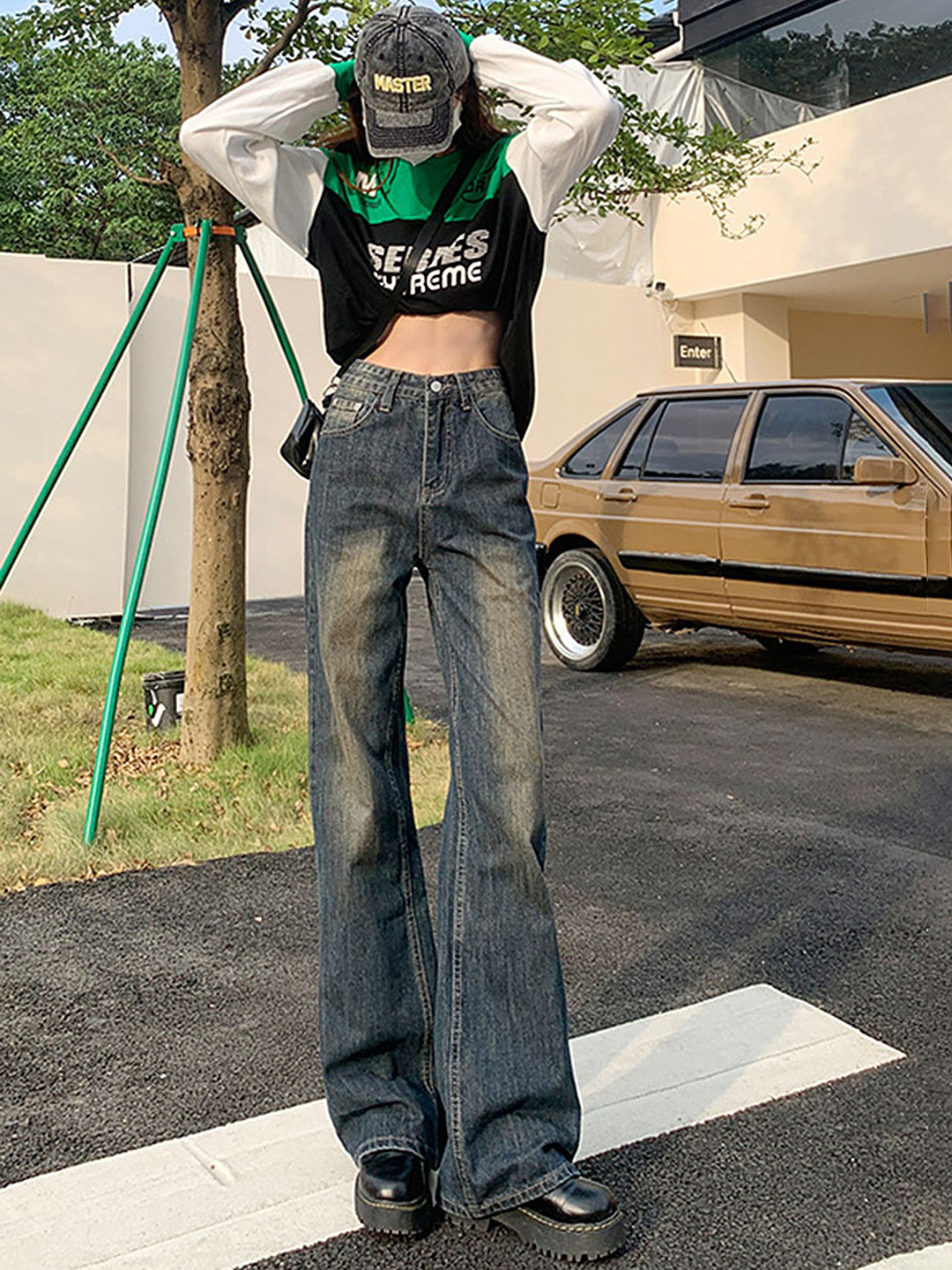 

LULU & SKY Women Bootcut High-Rise Heavy Fade Jeans, Navy blue