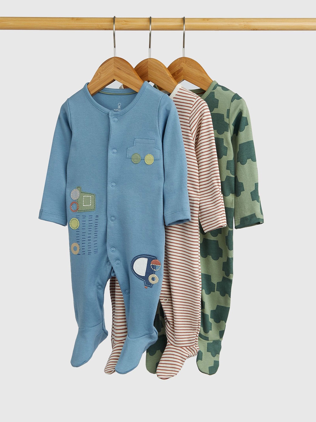 

mothercare Boys Pack of 3 Printed Cotton Sleepsuit, Blue