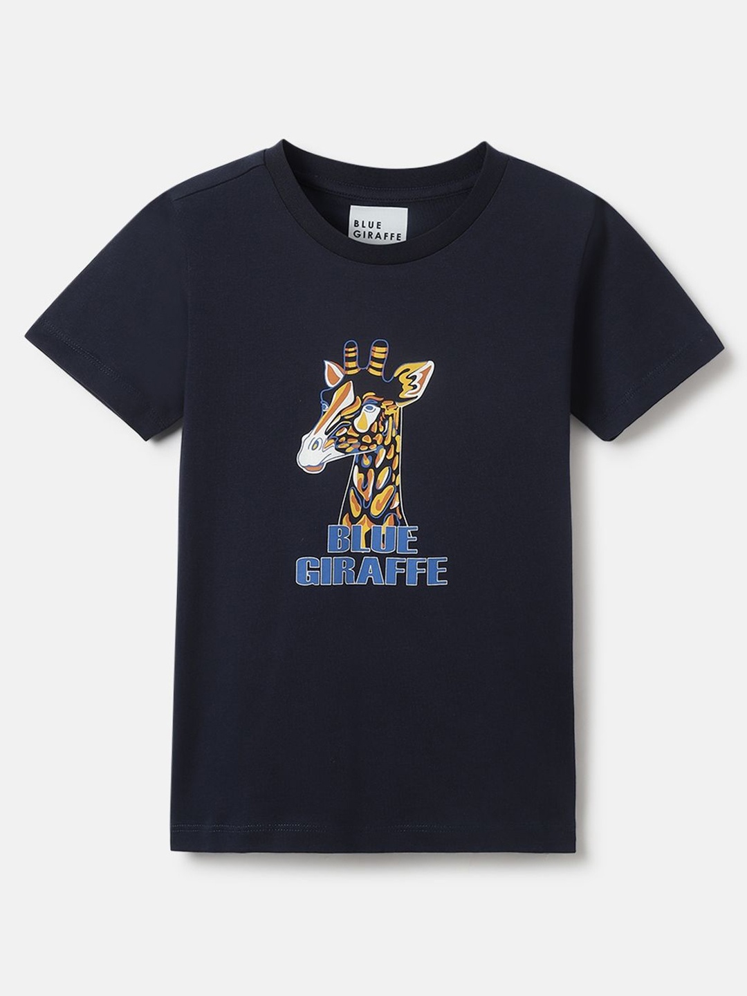 

Blue Giraffe Boys Graphic Printed Round Neck Cotton T-shirt, Navy blue