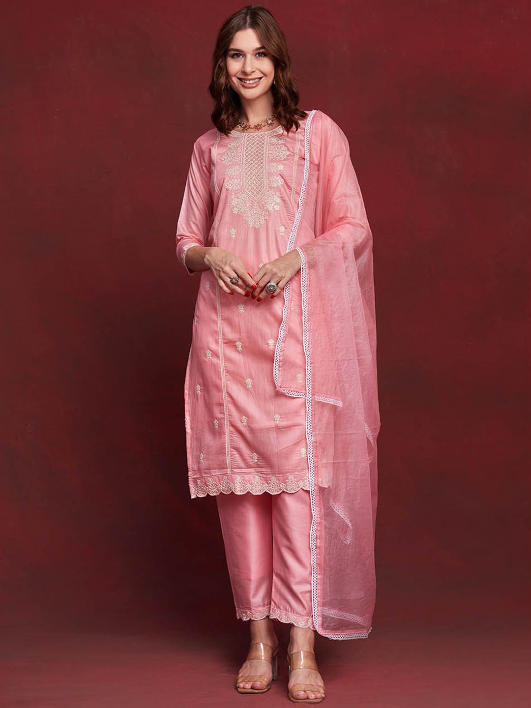 

KALINI Women Embroidered Kurta with Trousers & With Dupatta, Pink