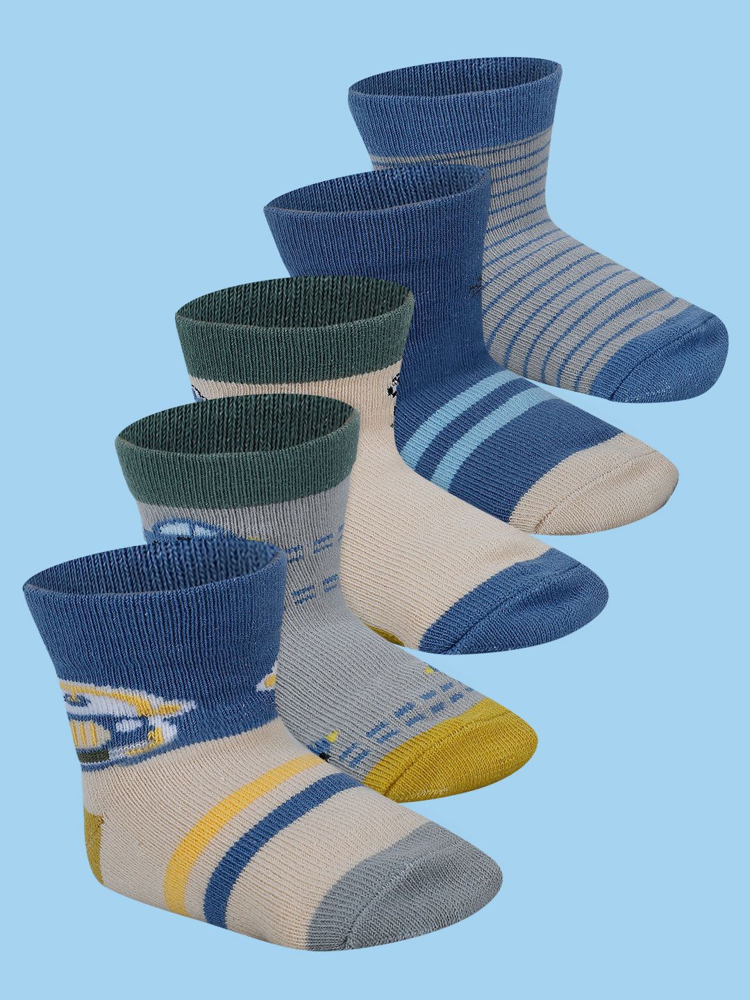 

Baby Moo Kids Pack Of 5 Patterned Cotton Above Ankle Length Socks, Blue