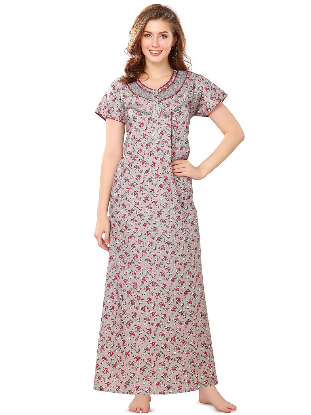

Soulemo Women Printed Maxi Nightdress, Grey