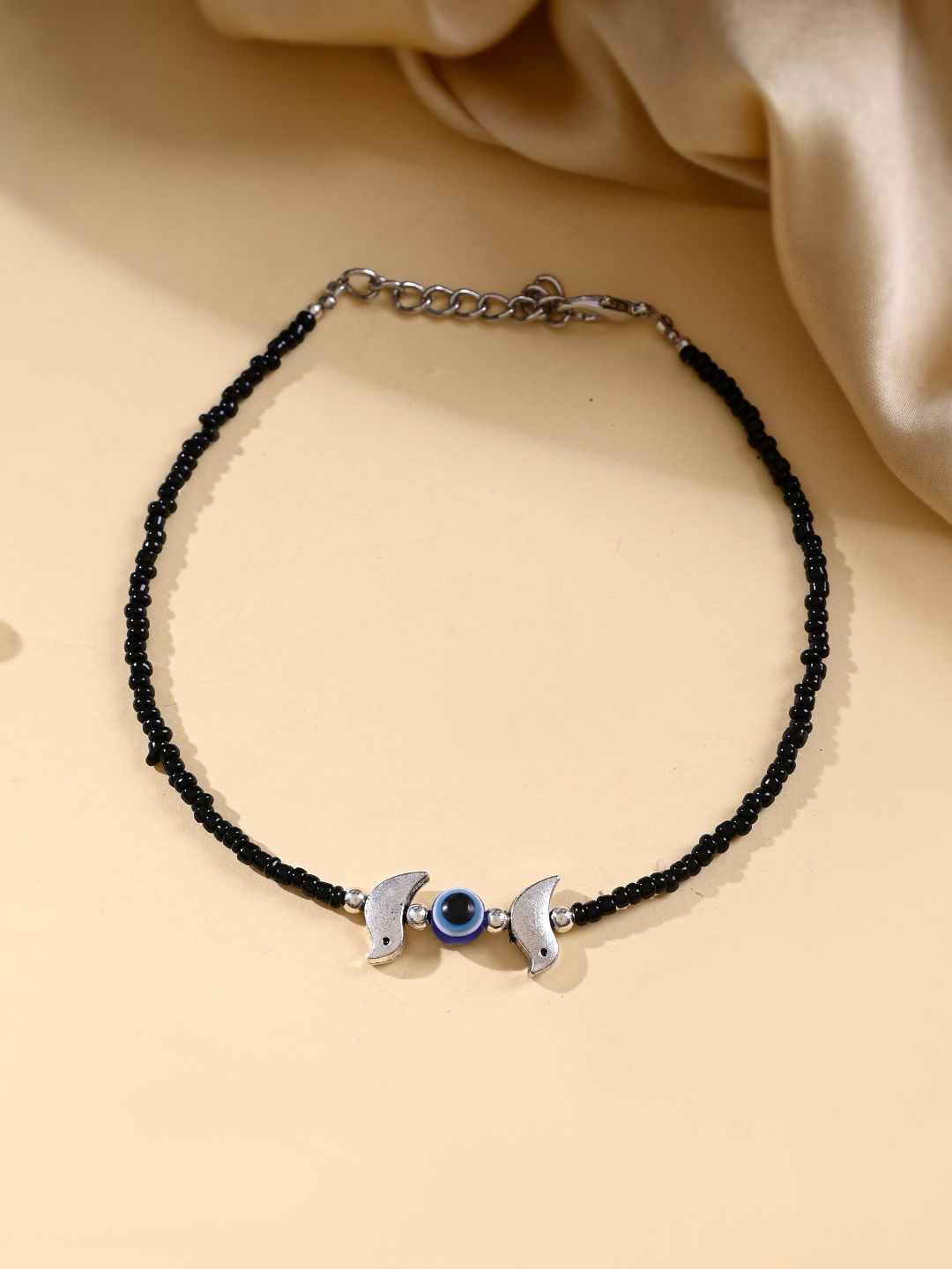 

Silvermerc Designs Silver-Plated Stone Studded & Beaded Evil Eye Single Anklet