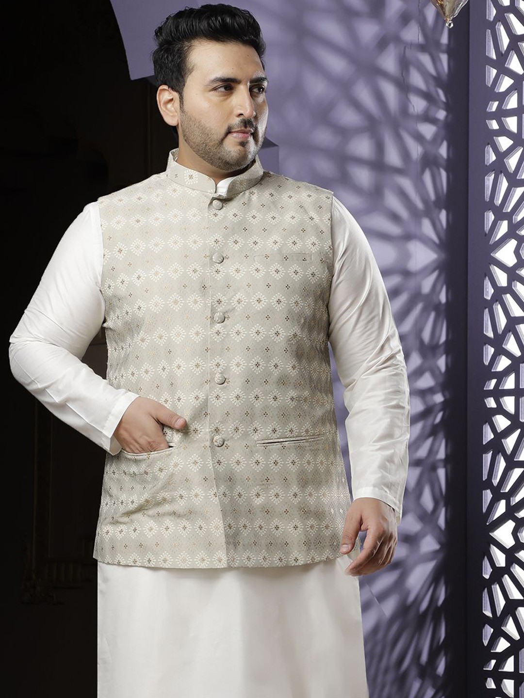 

Sztori Woven Design Nehru Jacket, Grey