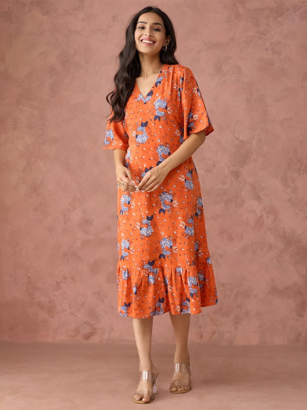 

Fabindia Women Floral Print Fit & Flare Midi Dress, Orange
