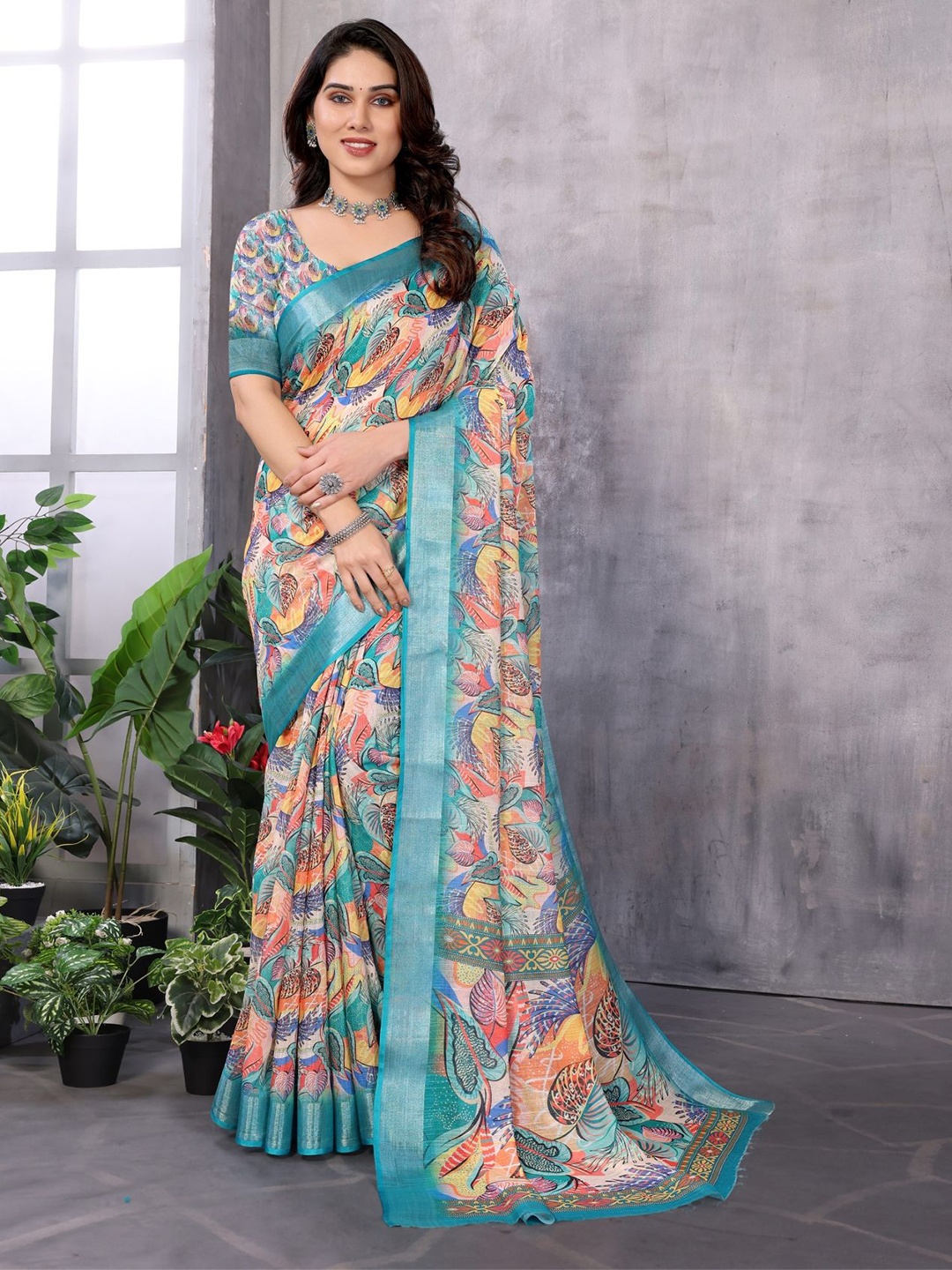 

vj fashion Floral Printed Zari Silk Cotton Saree, Turquoise blue
