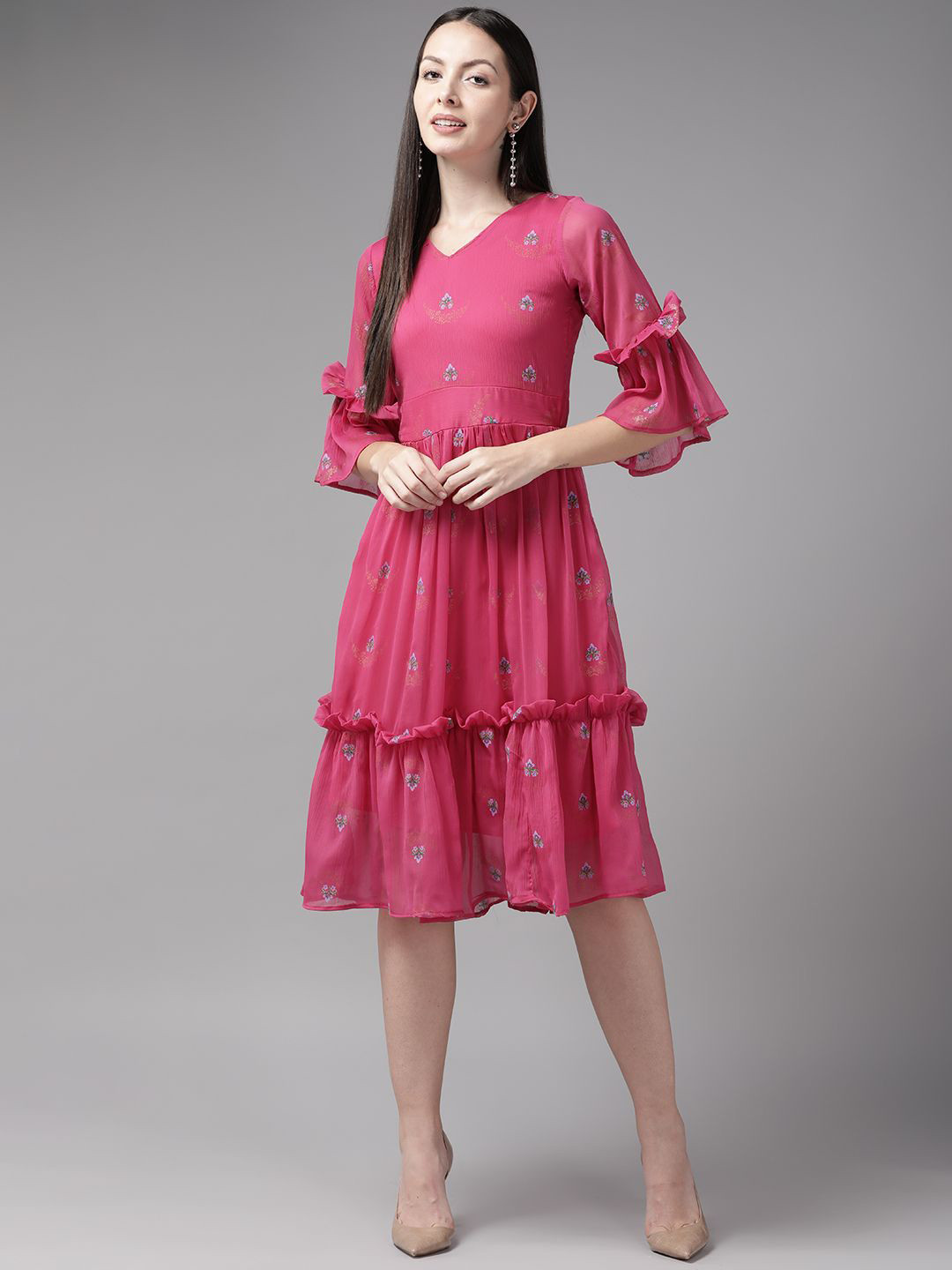 

BAESD fwd fresh drops Women Floral Printed Bell Sleeve Fit & Flare Dress, Pink