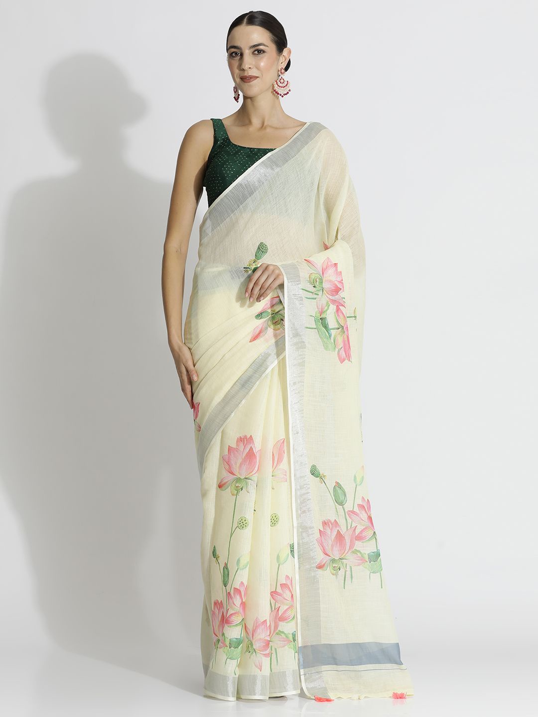 

Jaipur Kurti Floral Printed Pure Linen Daily Saree, Lime green