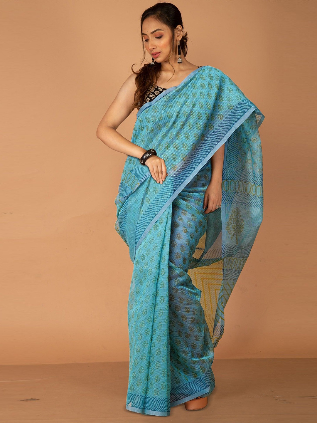 

Unnati Silks Ethnic Motifs Supernet Handloom Block Print Saree, Turquoise blue