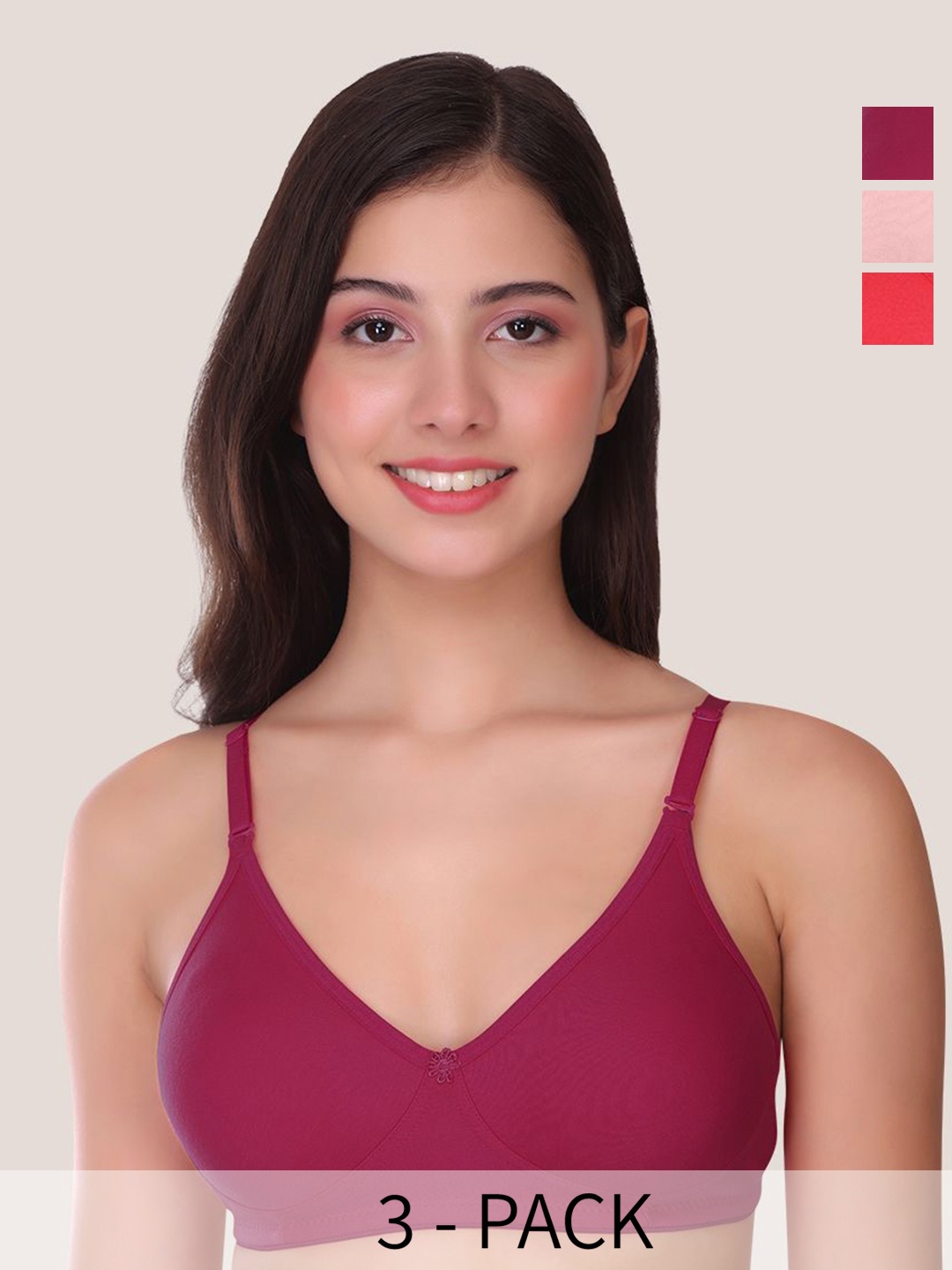 

POOJA RAGENEE Pack Of 3 Full Coverage Non Padded Underwired Everyday Bra, Pink
