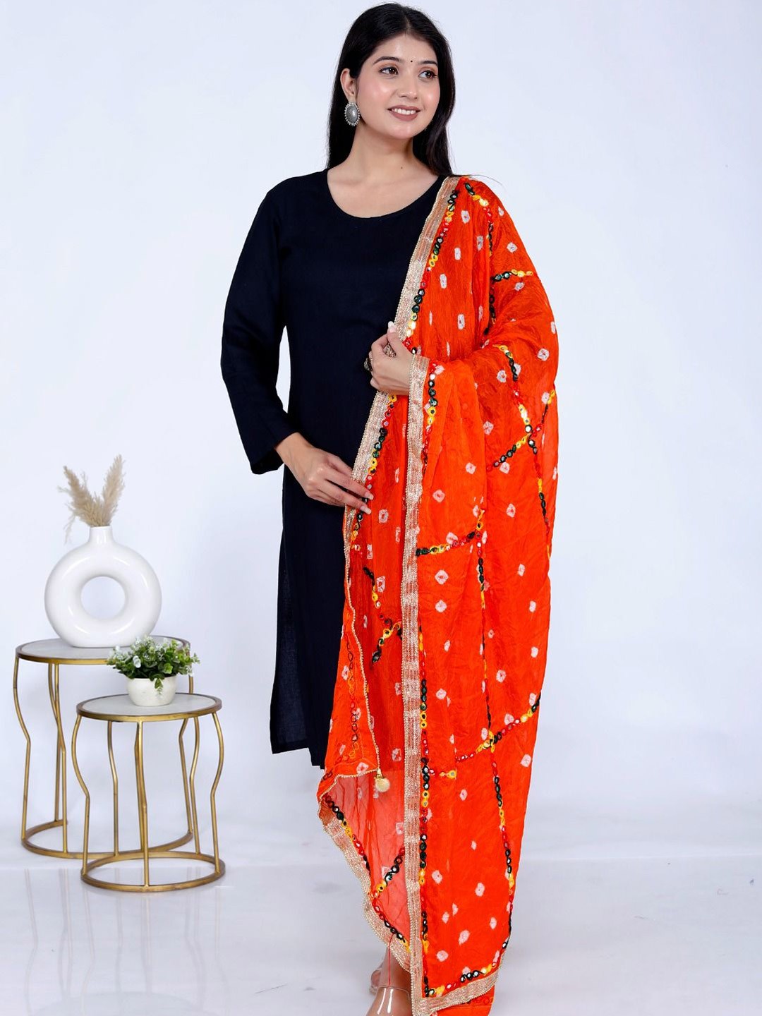 

VL SAREES Women Bandhani Dupatta with Mirror Work, Orange