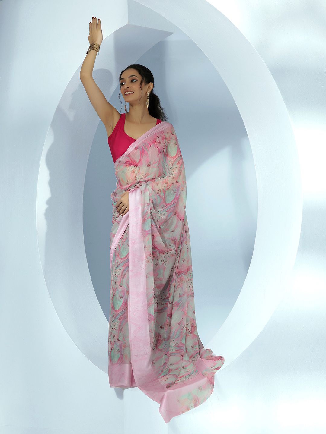 

Libas Floral Printed Saree with Blouse Piece, Pink