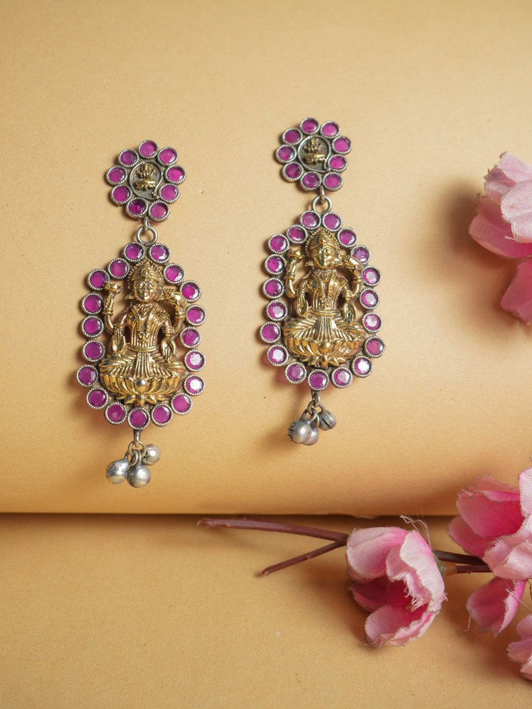 

VIRAASI Stone Studded Dual Tone Oxidised Lakshmi Goddness Drop Earrings, Silver