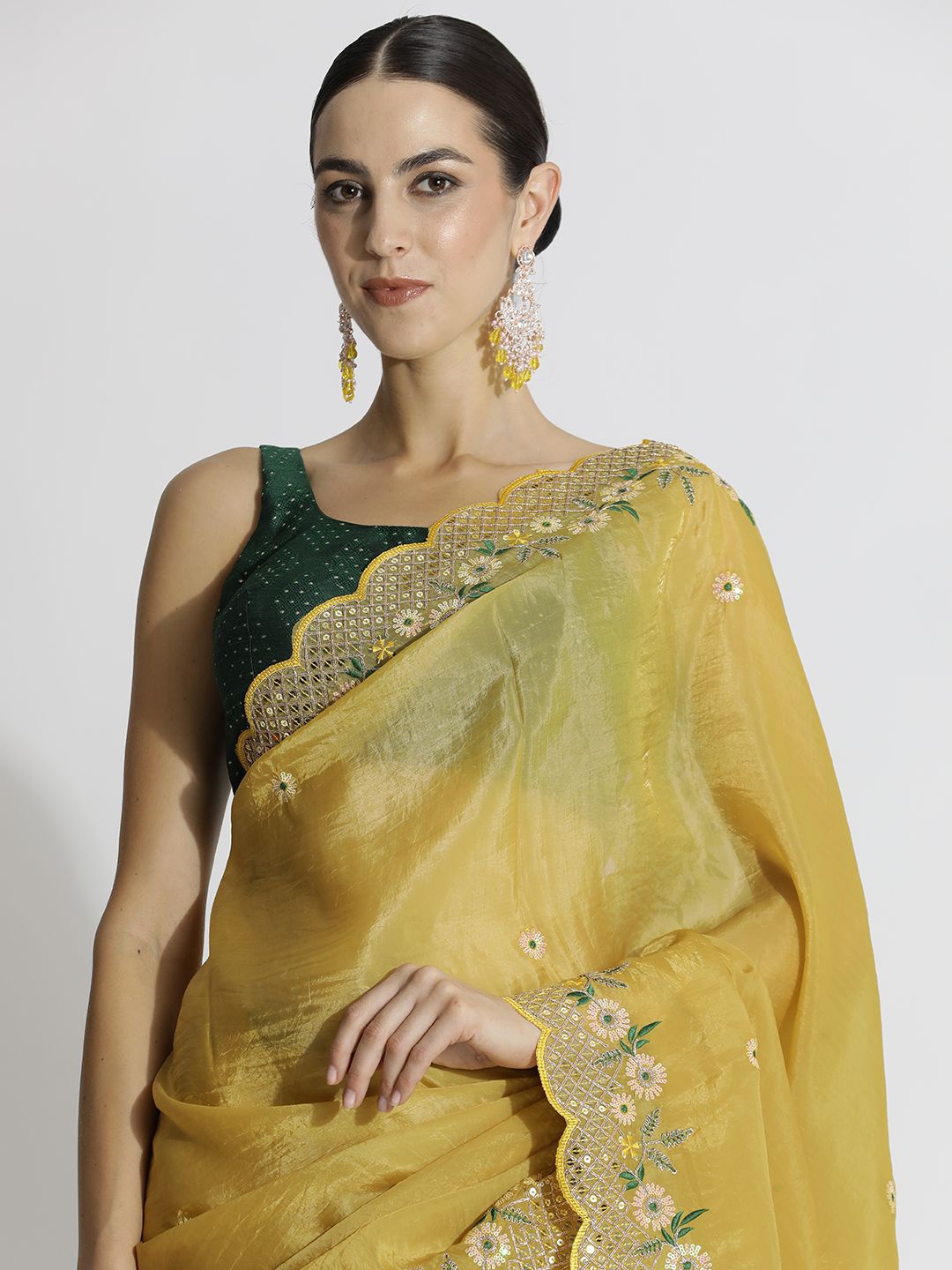 

Jaipur Kurti Embellished Embroidered Art Silk Designer Saree, Yellow