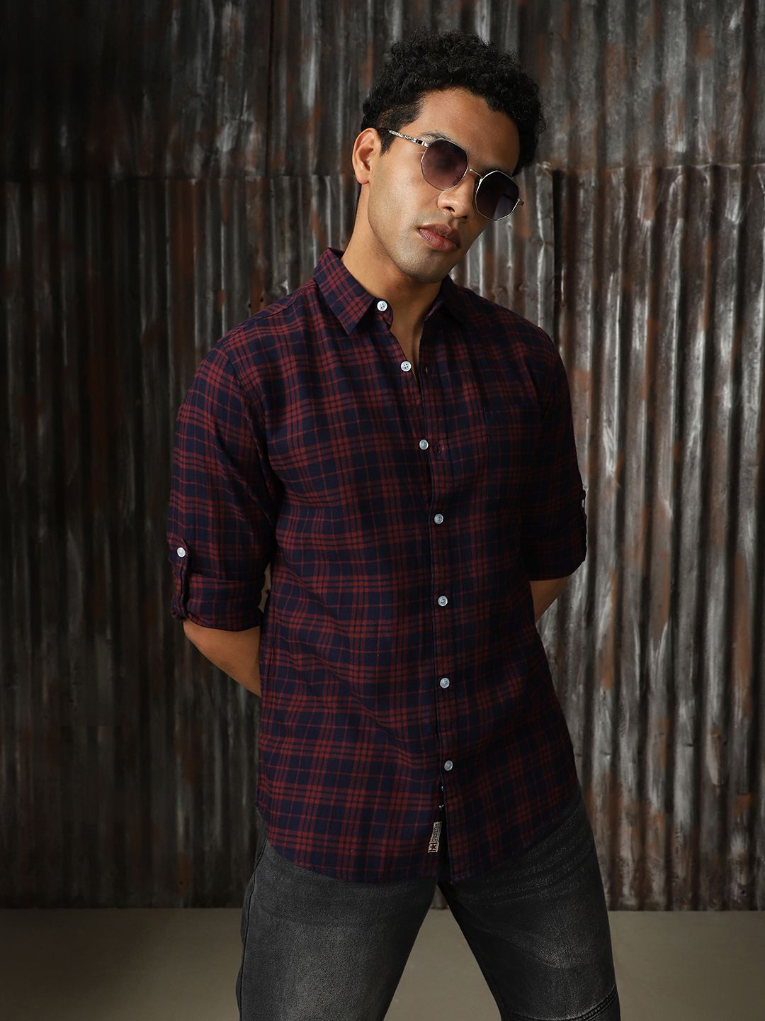 

High Star Men Classic Spread Collar Tartan Checked Cotton Casual Shirt, Navy blue