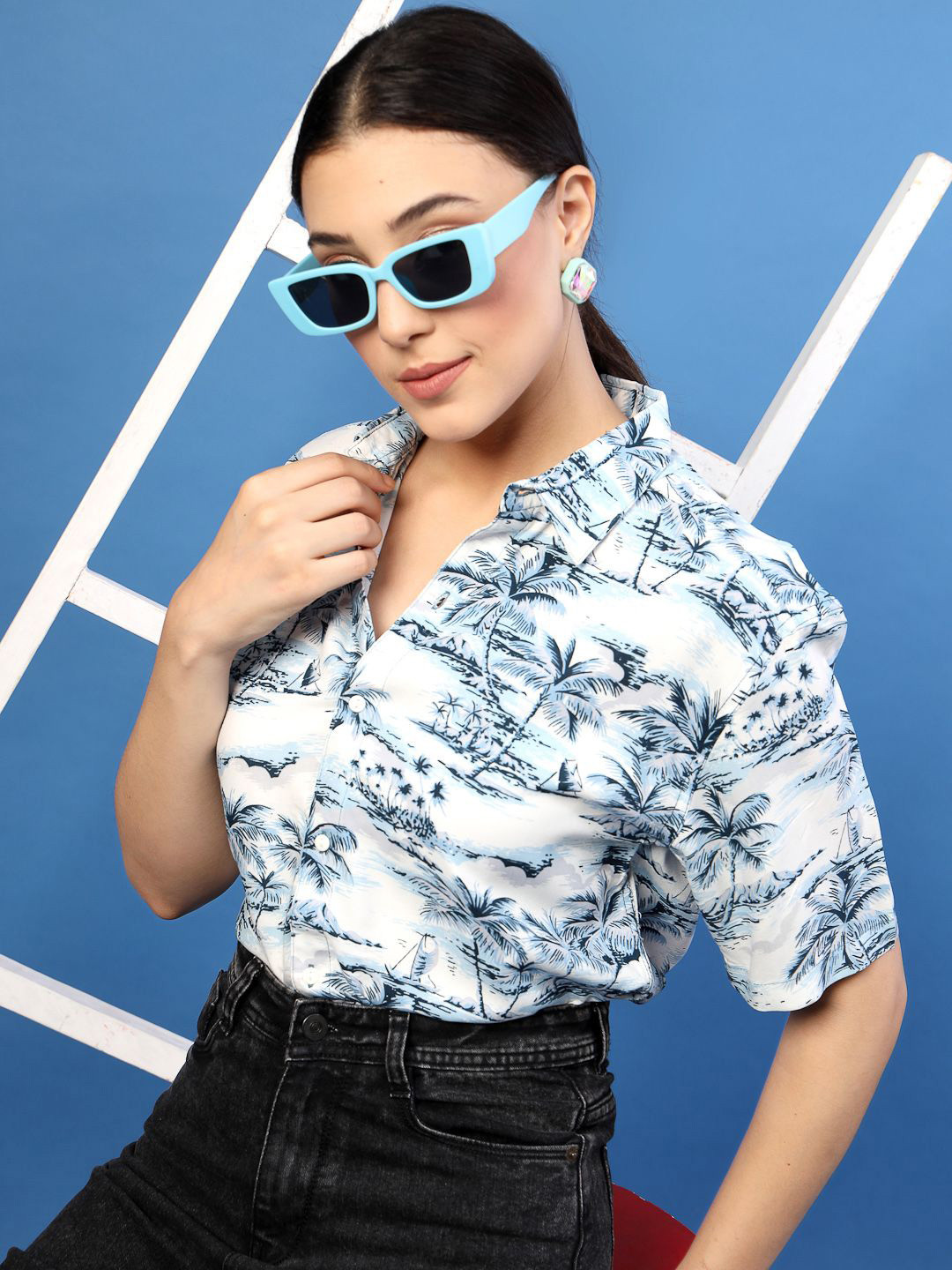 

Rigo Women Relaxed Spread Collar Floral Printed Casual Shirt, Blue