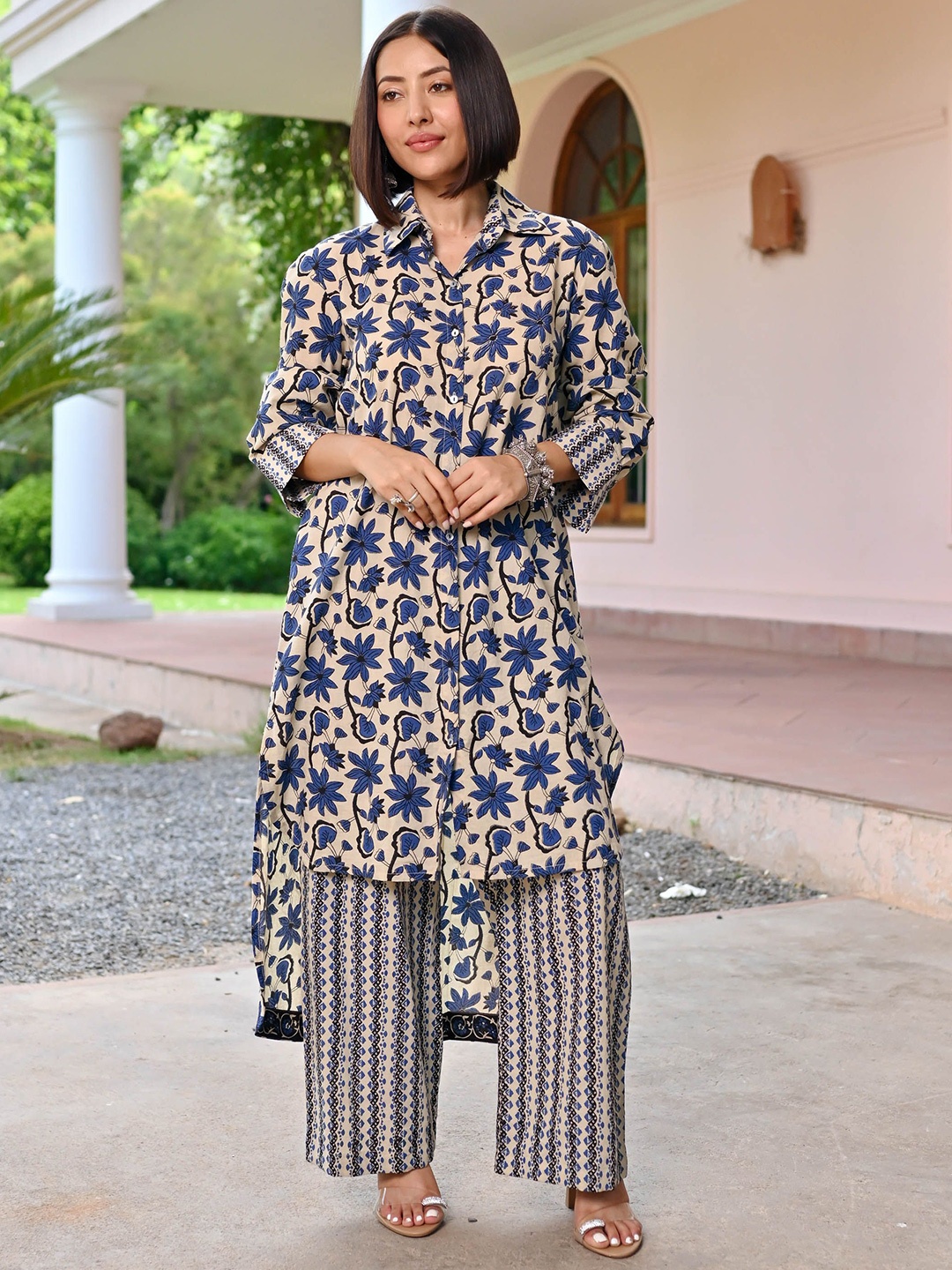 

Bunaai Trisha Floral Printed Tunic With Trousers, Beige