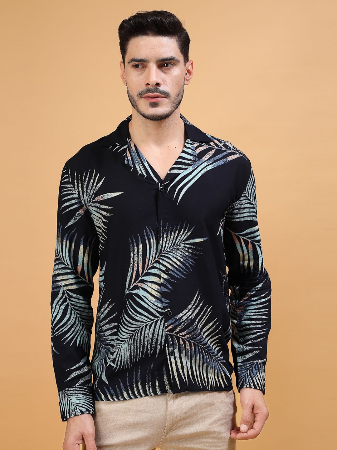 

Vanguard Men Comfort Cuban Collar Floral Printed Casual Shirt, Black