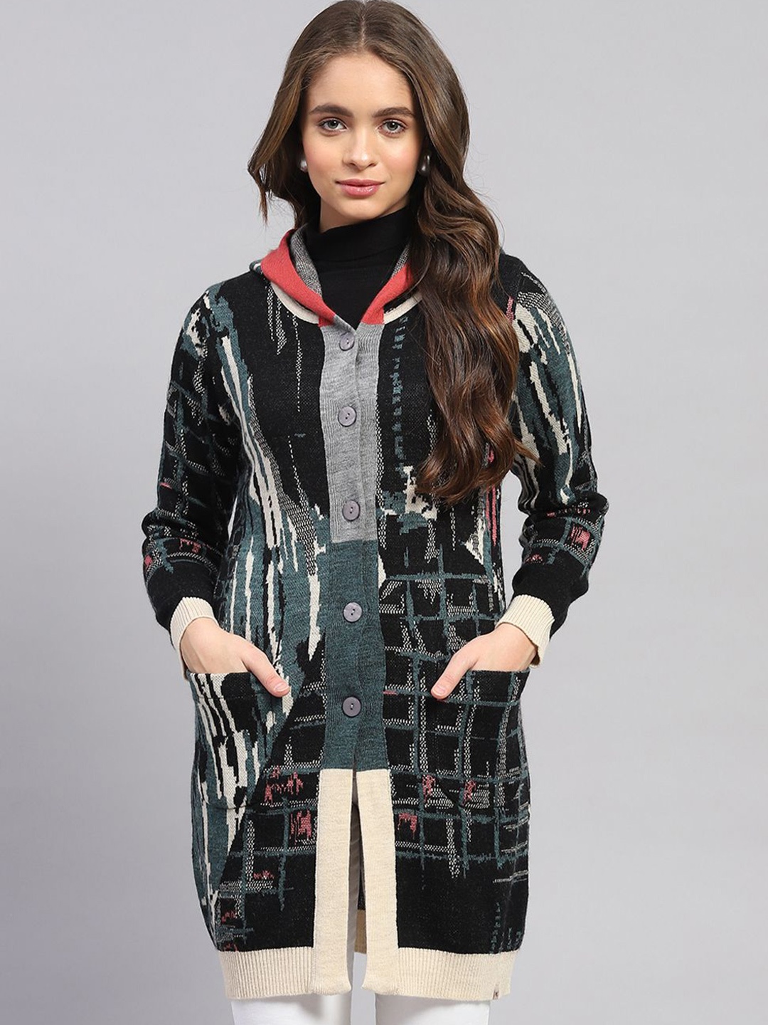 

Monte Carlo Women Self Design Woollen Longline Cardigan, Black