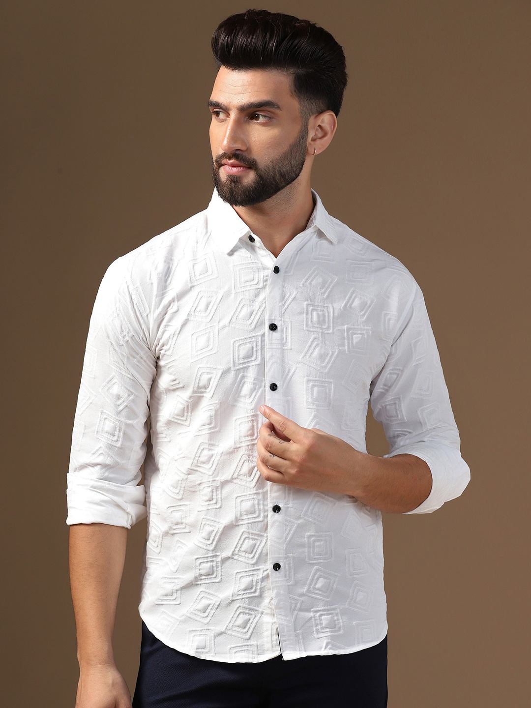 

TAGDO Men Standard Fit Spread Collar Textured Casual Shirt, Olive