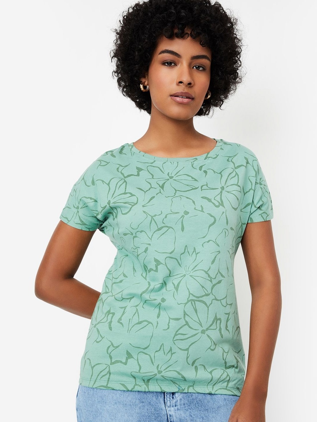 

max Women Floral Printed Round Neck Cotton T-shirt, Green