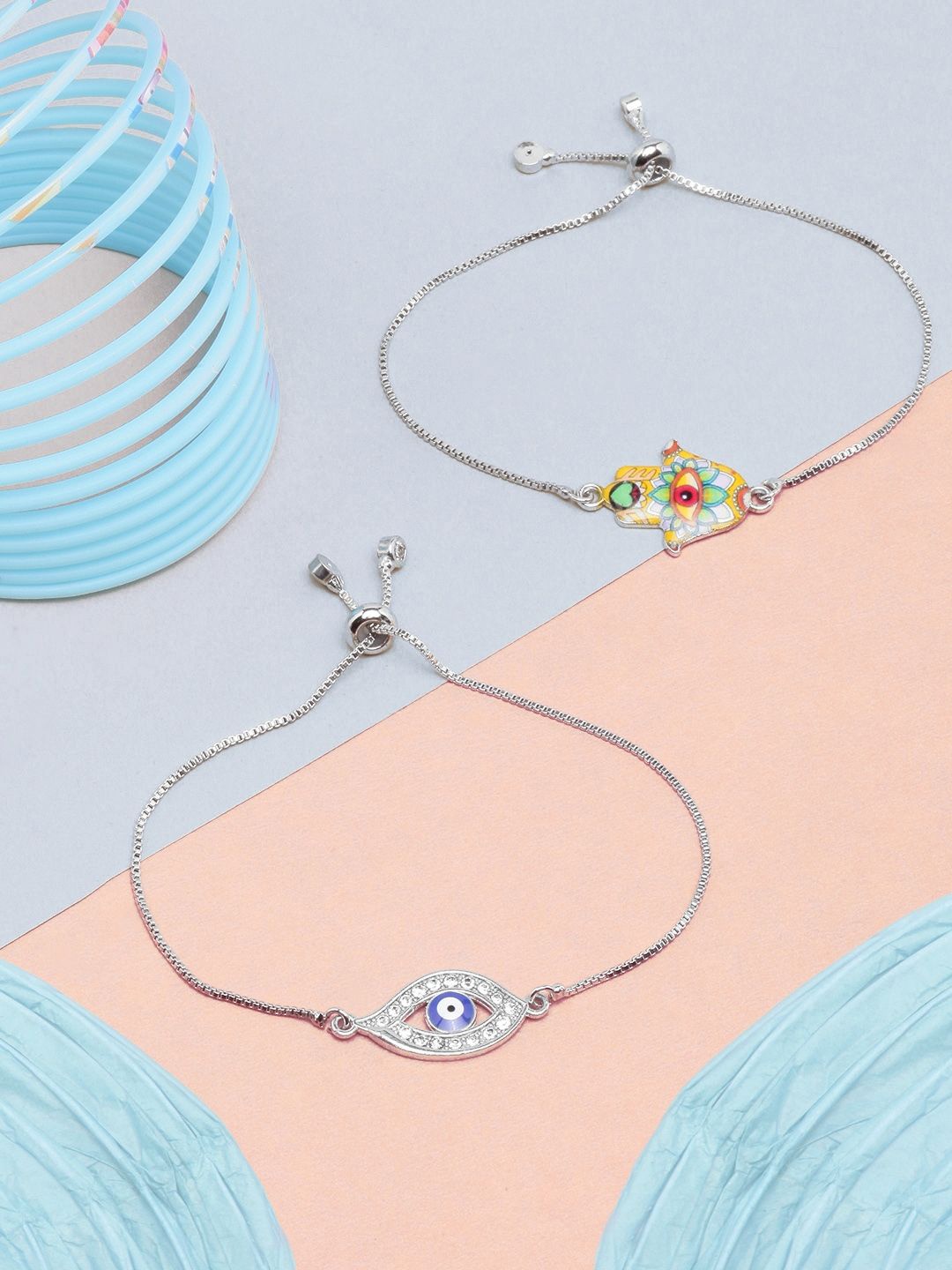

KPOP Pack Of 2 Silver-Plated Artificial Stones Studded Enamelled Charm Bracelet