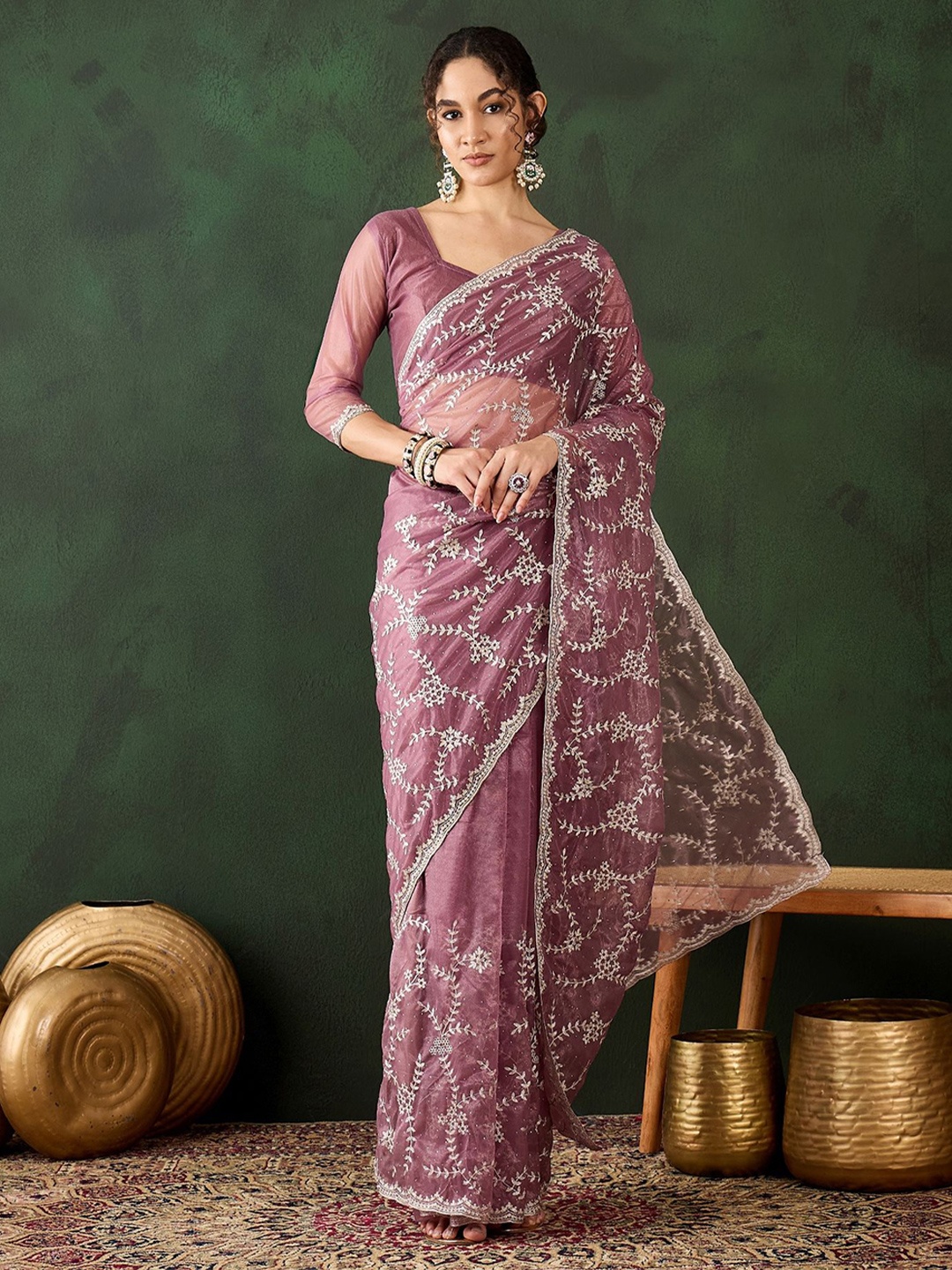 

DIVASTRI Embellished Embroidered Organza Designer Saree, Pink