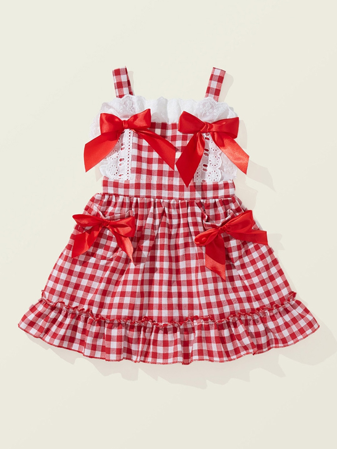 

LULU & SKY Girls Shoulder Straps Checked Printed Bow Fit and Flare Dress, Red