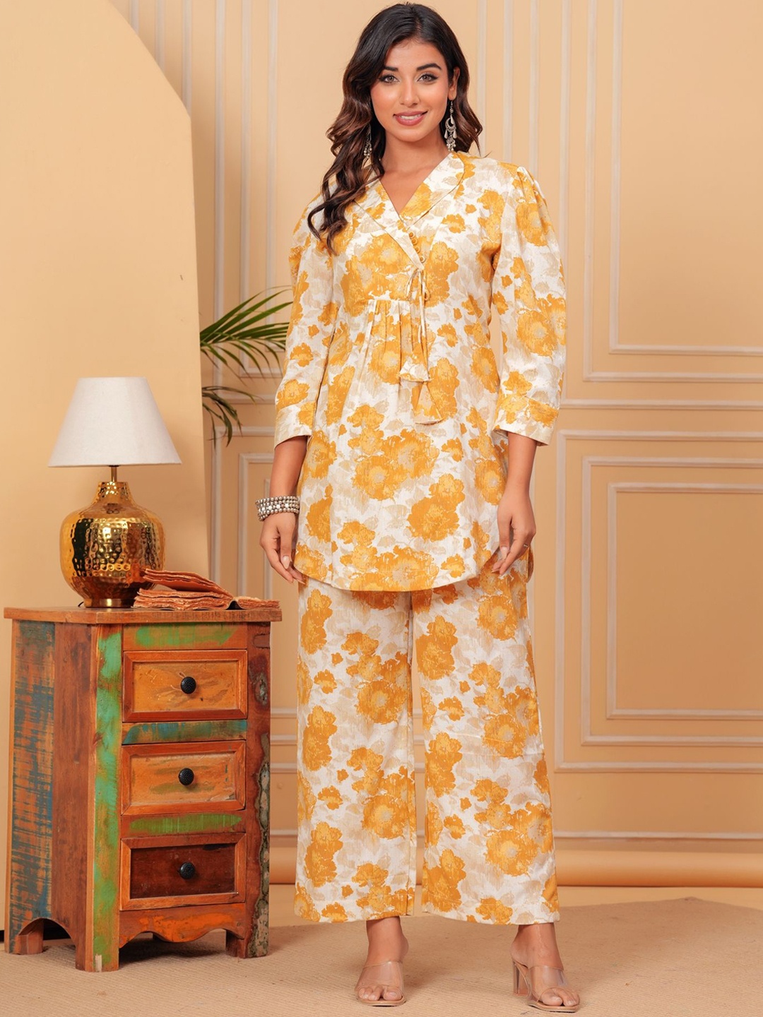 

KALINI Women Ethnic Motifs Printed Angrakha Thread Work Pure Cotton Top with Trousers, Yellow