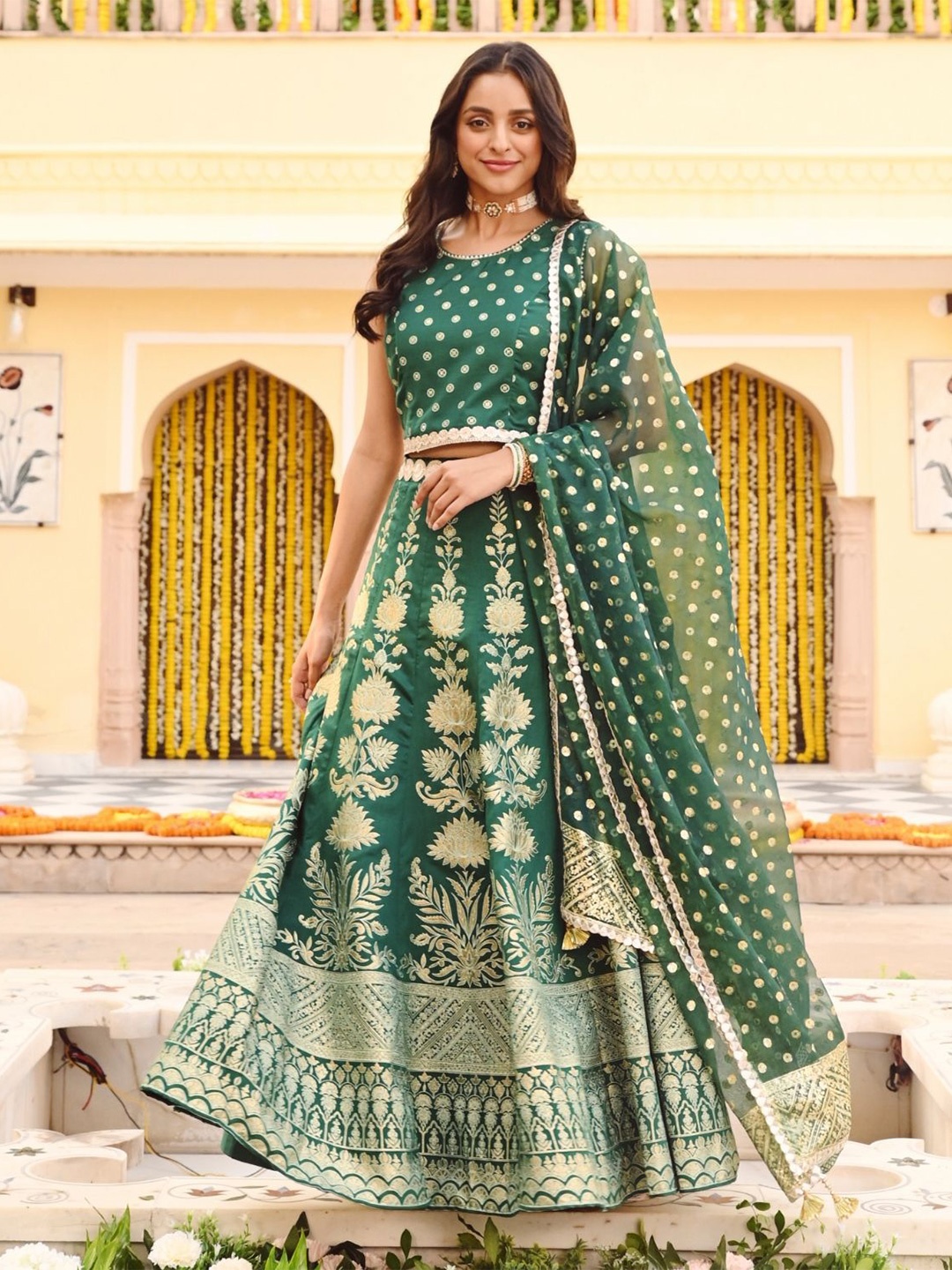 

SAVI Printed Sequinned Foil Print Ready to Wear Lehenga & Blouse With Dupatta, Green