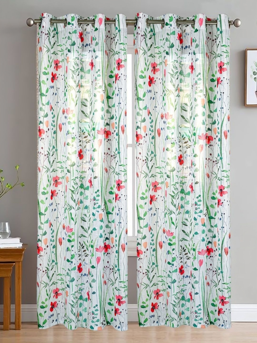 

HOMADORN Green & White 2 Pieces Floral Printed Linen Sheer Window Curtains